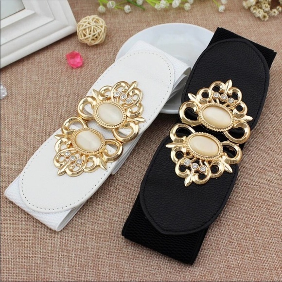 Elastic Leather Gemstone Wide Fashion Belt - Picture 3 of 7